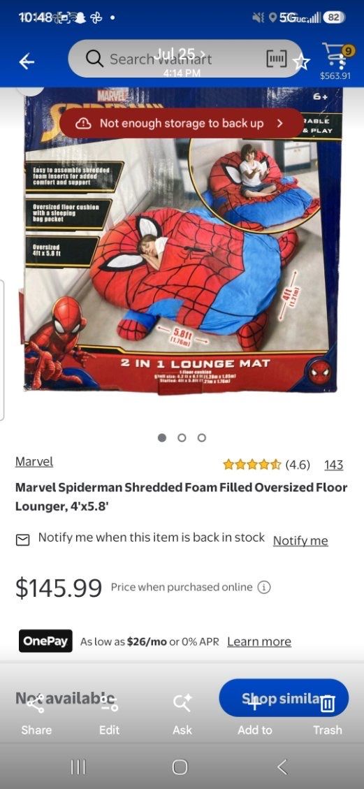 Marvel Spiderman Shredded Foam Filled Oversized Floor Lounger, 4'x5.8'