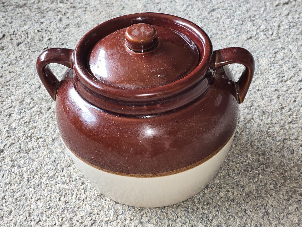 Brown & White Glazed Ceramic Bean Pot w/ Lid and Handles - Kitchen Decor