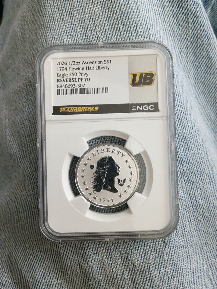 2026 1/2oz Ascension S$1 1794 Flowing Hair Liberty Eagle 250 Privy Reverse PF 70 NGC Ultra Breaks Coin