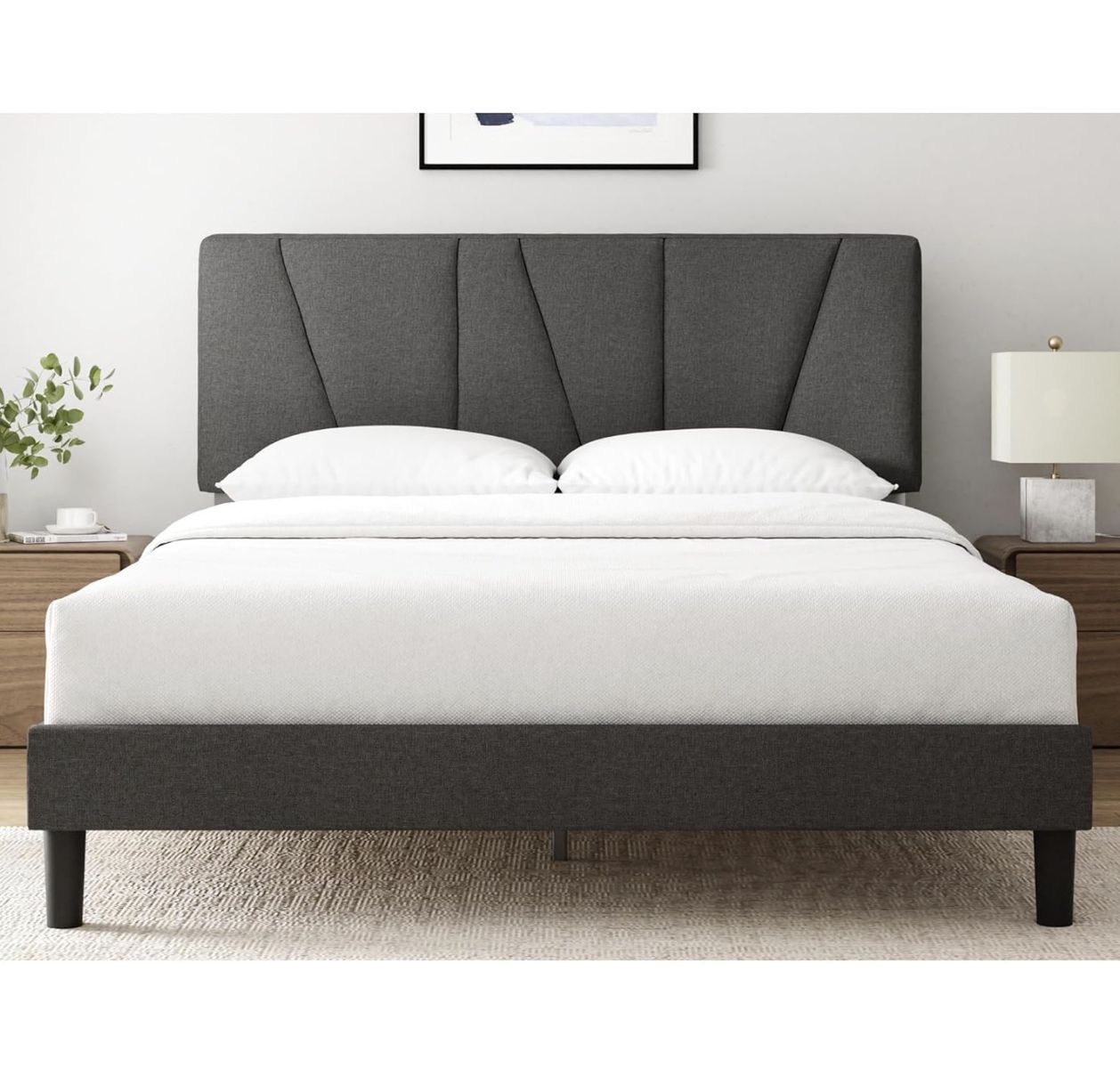 New Zinus Queen Maya Upholstered Bed Frame with Headboard Dark Grey