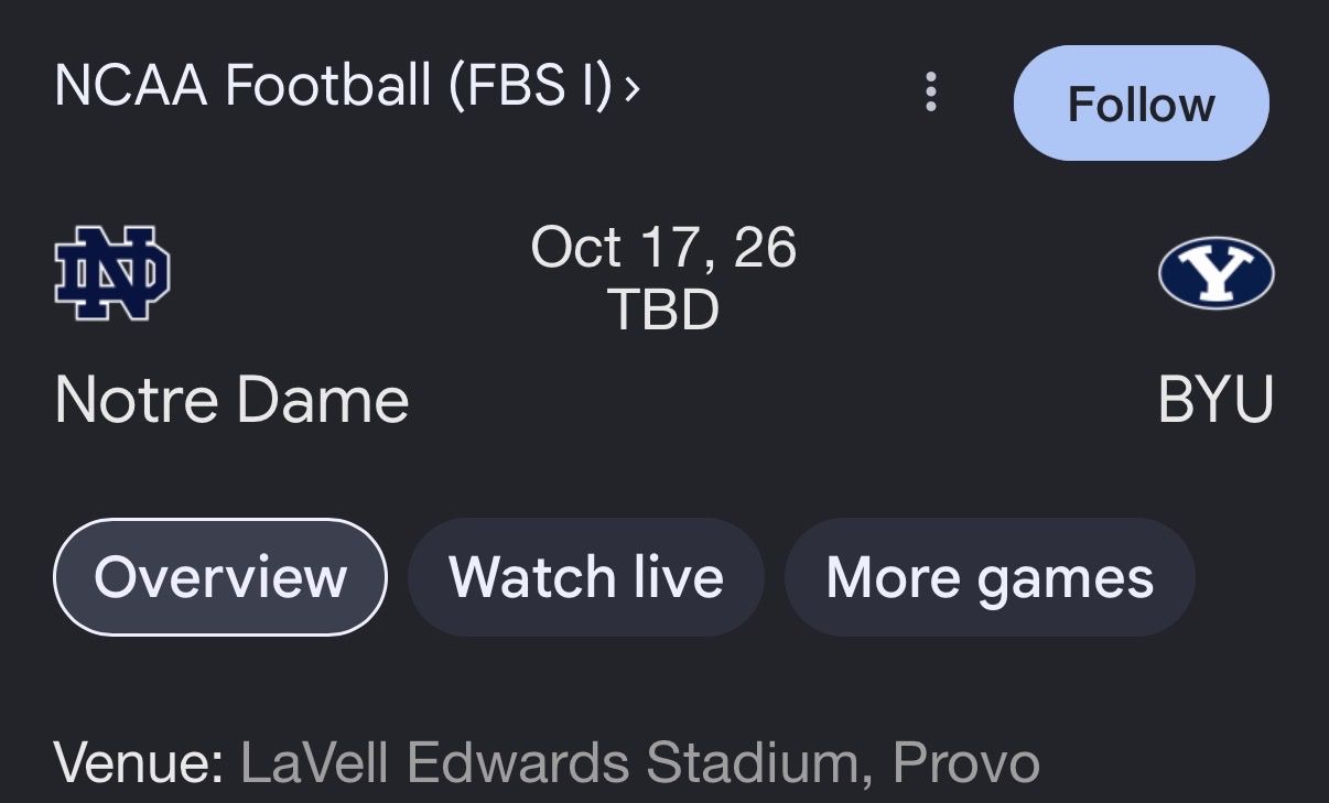 Notre Dame at BYU Football Single Sideline Ticket