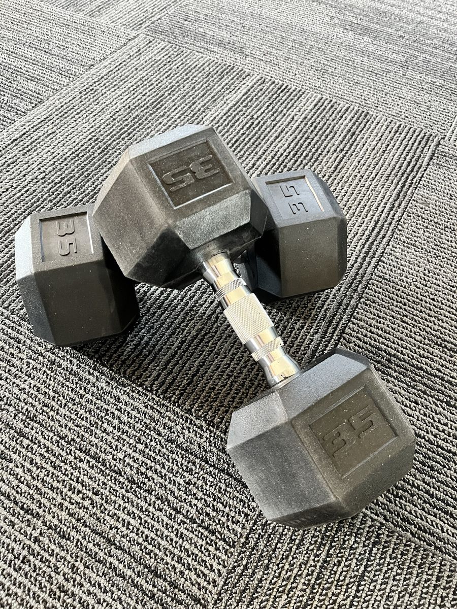 Rubber Encased Hex Dumbbells Set 65lb, 35 lb, 30lb, and 5lb Pairs 