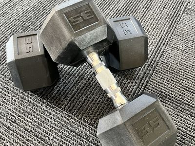 Rubber Encased Hex Dumbbells Set 65lb, 35 lb, 30lb, and 5lb Pairs