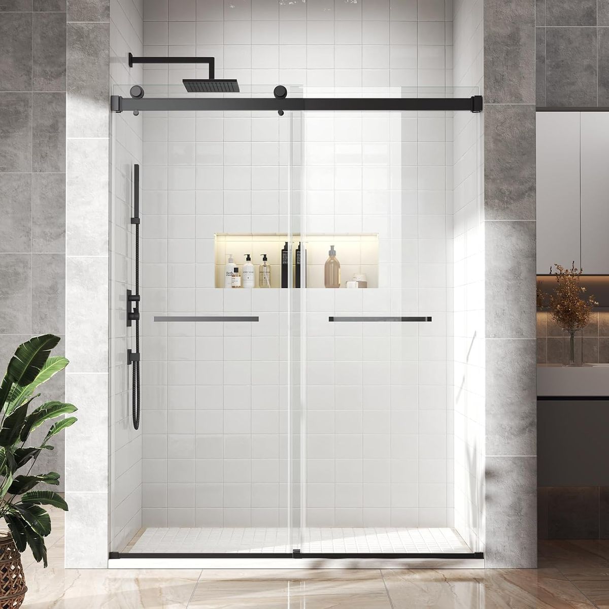 NEW 44"-48" W x 76" H Double Sliding Shower Door, 5/16" (8mm) Clear Tempered Glass Frameless Shower Door Matte Black