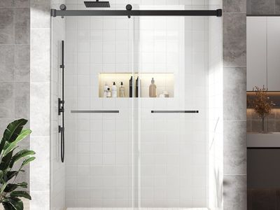 NEW 44"-48" W x 76" H Double Sliding Shower Door, 5/16" (8mm) Clear Tempered Glass Frameless Shower Door Matte Black