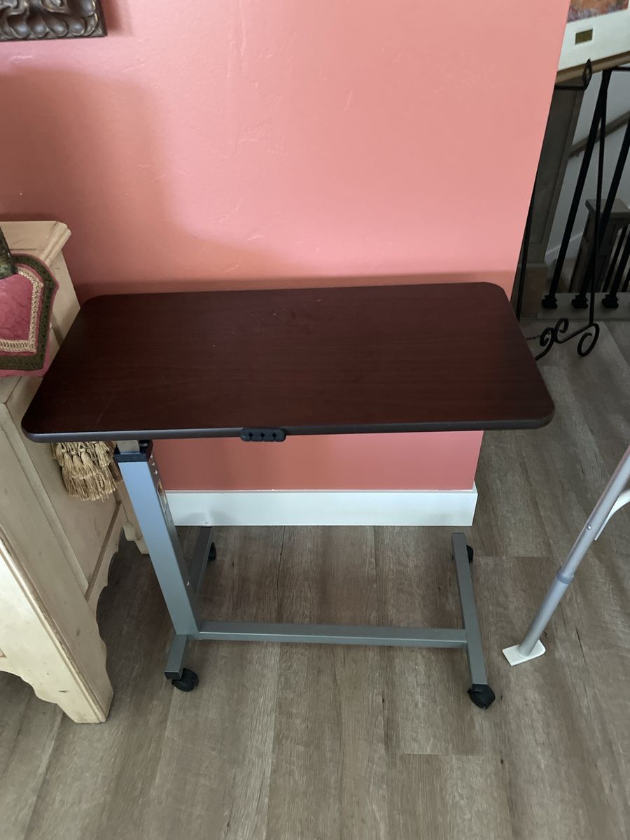 Adjustable Overbed Table Rolling Medical Cart Dark Wood Finish