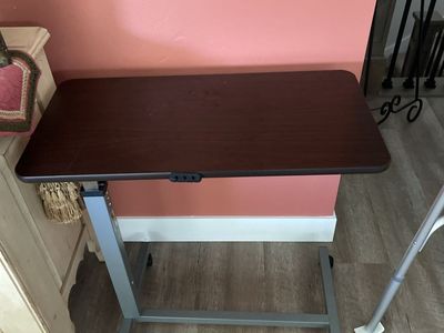 Adjustable Overbed Table Rolling Medical Cart Dark Wood Finish