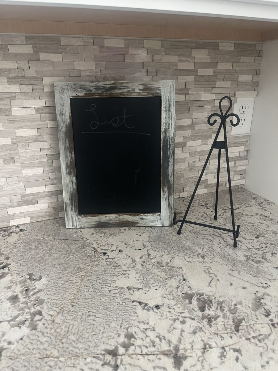 Distressed White Wood Framed Chalkboard with Metal Stand