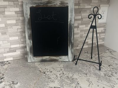 Distressed White Wood Framed Chalkboard with Metal Stand