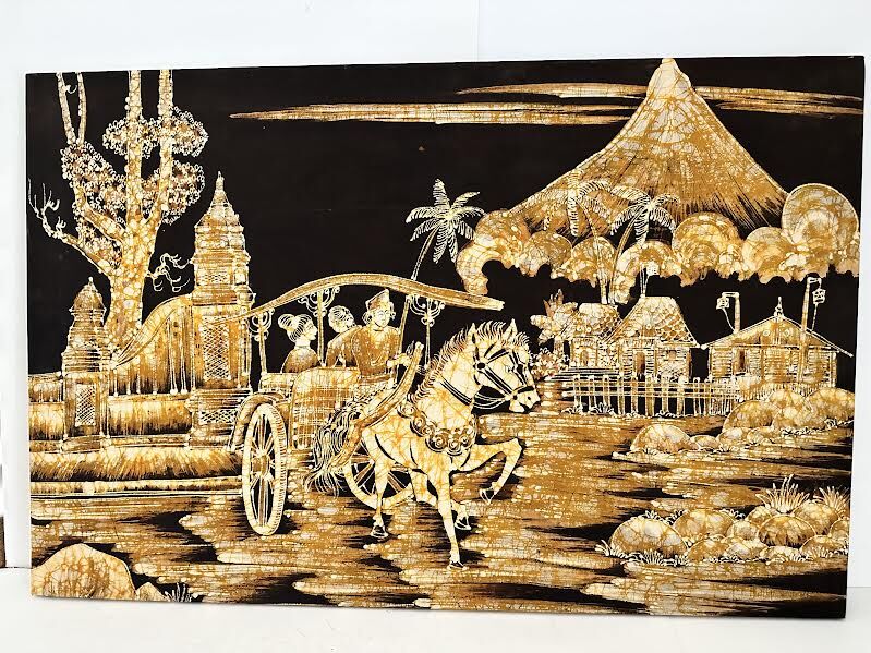 Indonesian Batik Fabric Art 32” x 21” Vibrant Colors Wood Frame