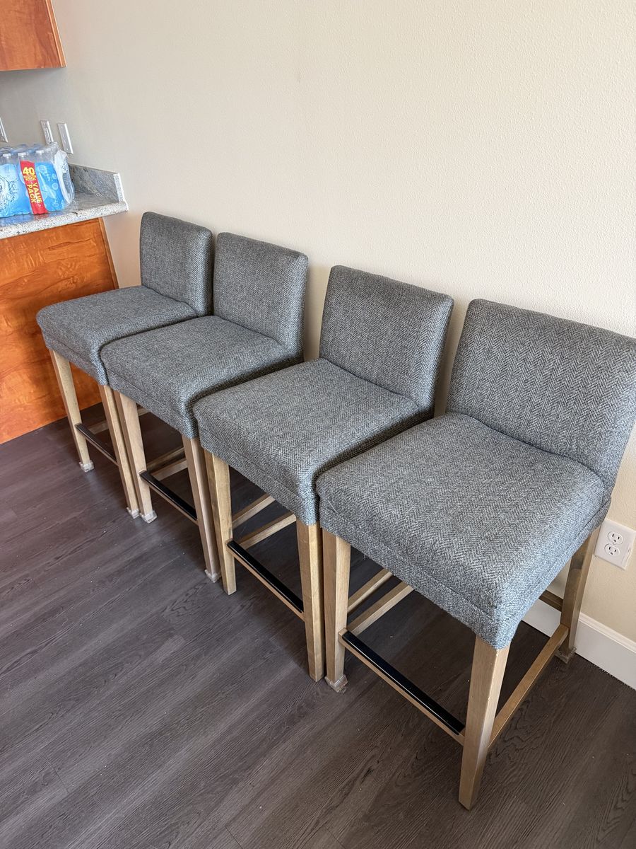 Custom Gray Upholstered Bar Stools - Set of 4, 26 Inch Counter Height