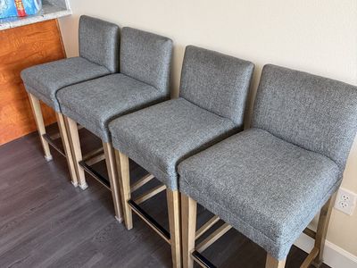 Custom Gray Upholstered Bar Stools - Set of 4, 26 Inch Counter Height