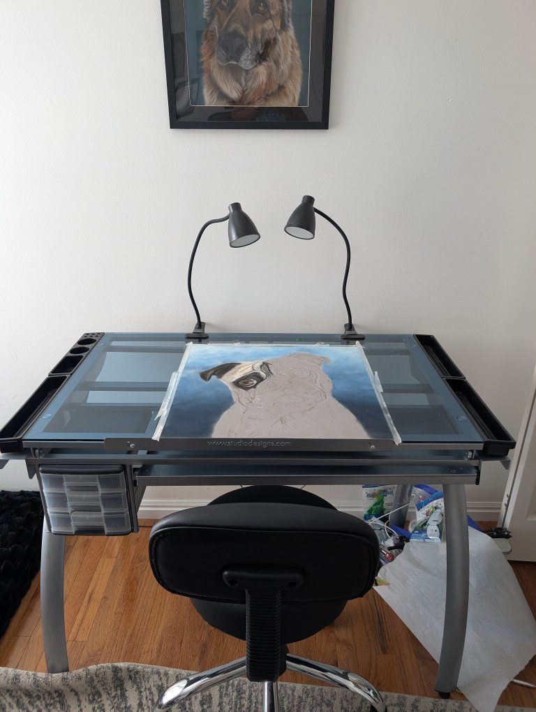 Glass Drafting Desk w/ Chair & Lights