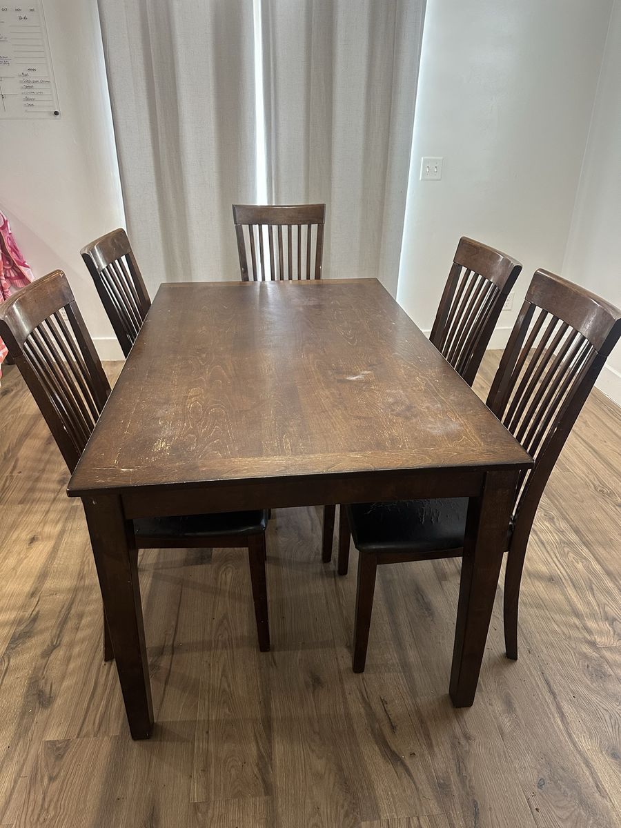 Used Dark Wood Dining Table with 5 Chairs - Durable and Spacious