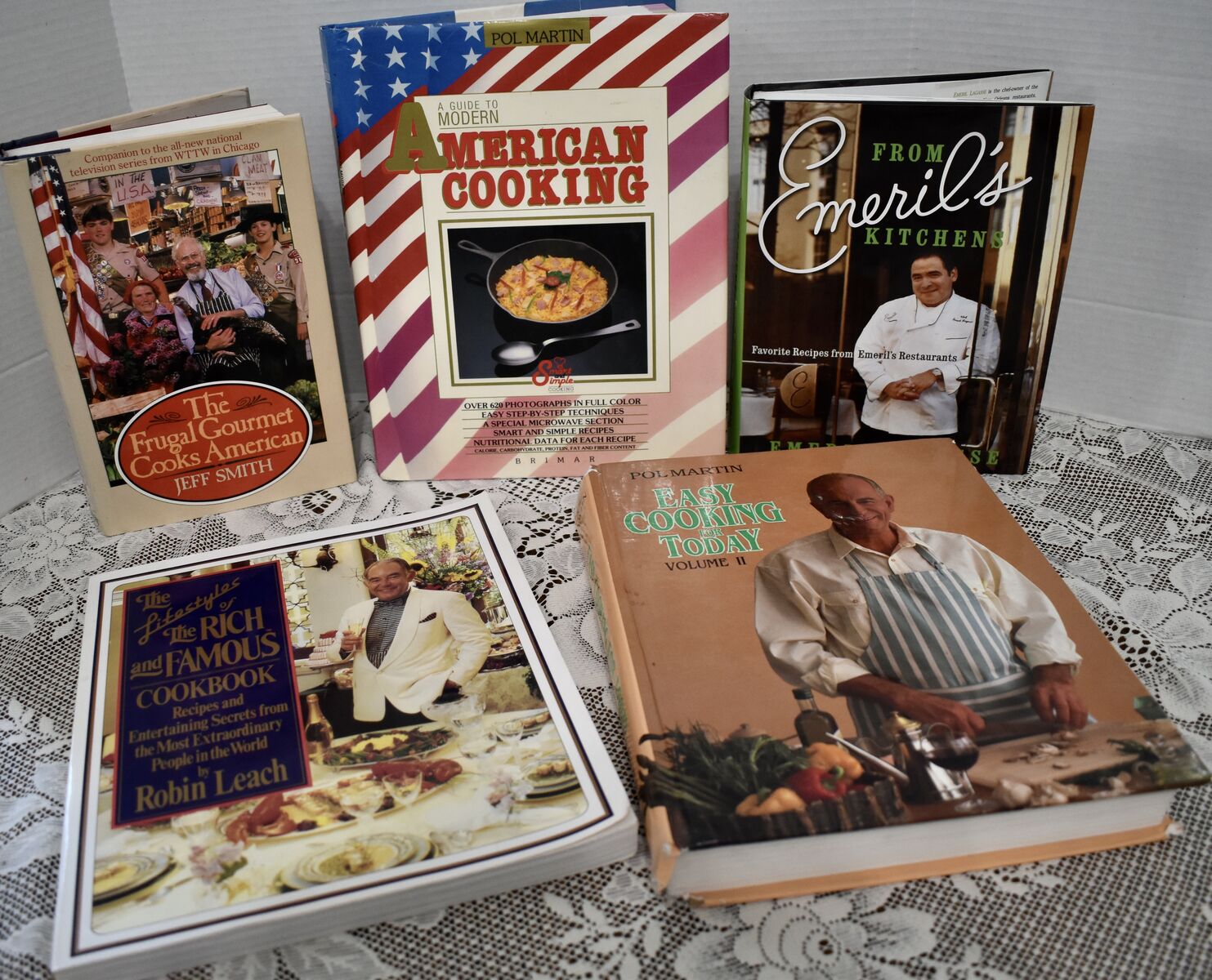 LOT OF 5  GREAT COOKBOOKS BY 4 REALLY GREAT CHEFS  EMERIL LAGASSE, JEFF SMITH - THE FRUGAL GOURMET, ROBIN LEACH, POL MARTIN