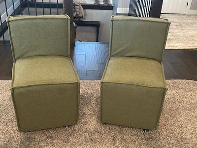 Pair of Modern Green Upholstered Armless Accent Chairs on Wheels
