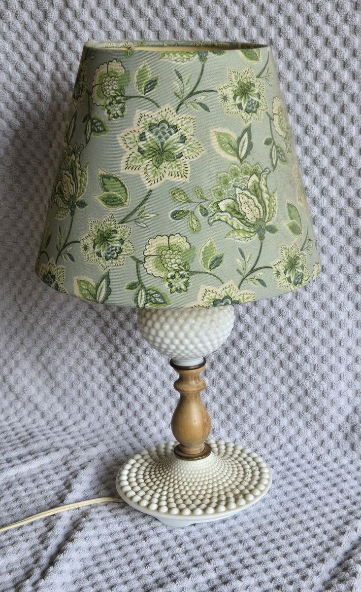 Vintage Fenton White Milk Glass Hobnail Table Lamp with Floral Fabric Shade