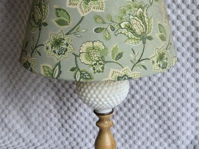 Vintage Fenton White Milk Glass Hobnail Table Lamp with Floral Fabric Shade
