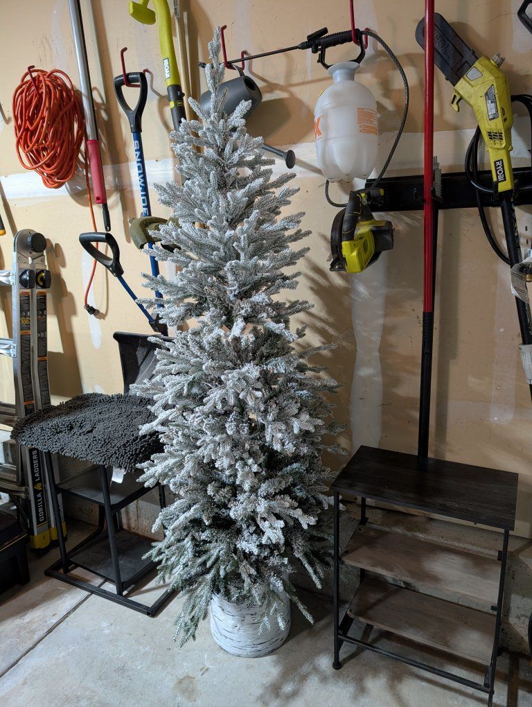 Flocked Artificial Christmas Tree with Warm Lights and Birch Base
