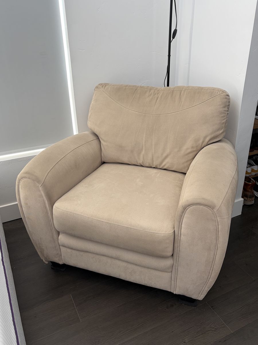 Comfortable Beige Armchair with Matching Ottoman - Living Room Chair & Footrest Set