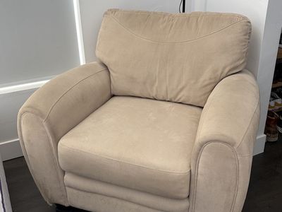 Comfortable Beige Armchair with Matching Ottoman - Living Room Chair & Footrest Set