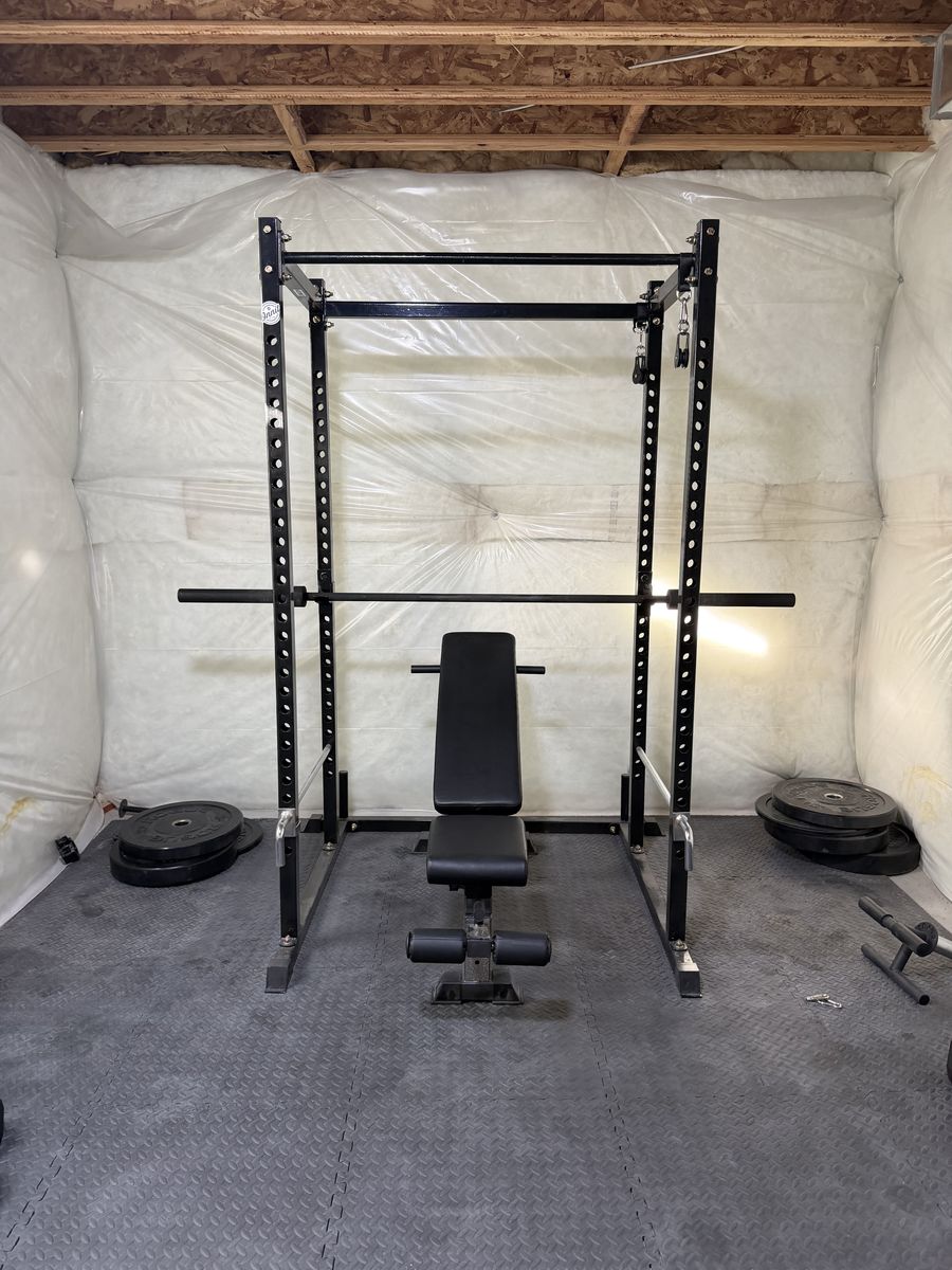 Squat rack and bench.