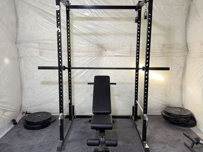 Squat rack and bench.