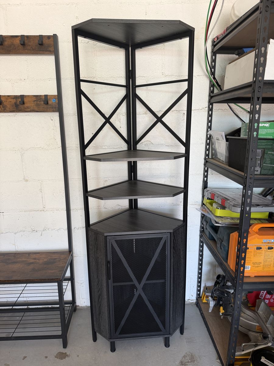 Moving Sale - Tall 5-Tier Industrial Corner Shelf & Cabinet