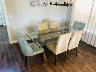 Pottery Barn Glass Top Dining Table with 6 Chairs - Modern Design, Seats 6
