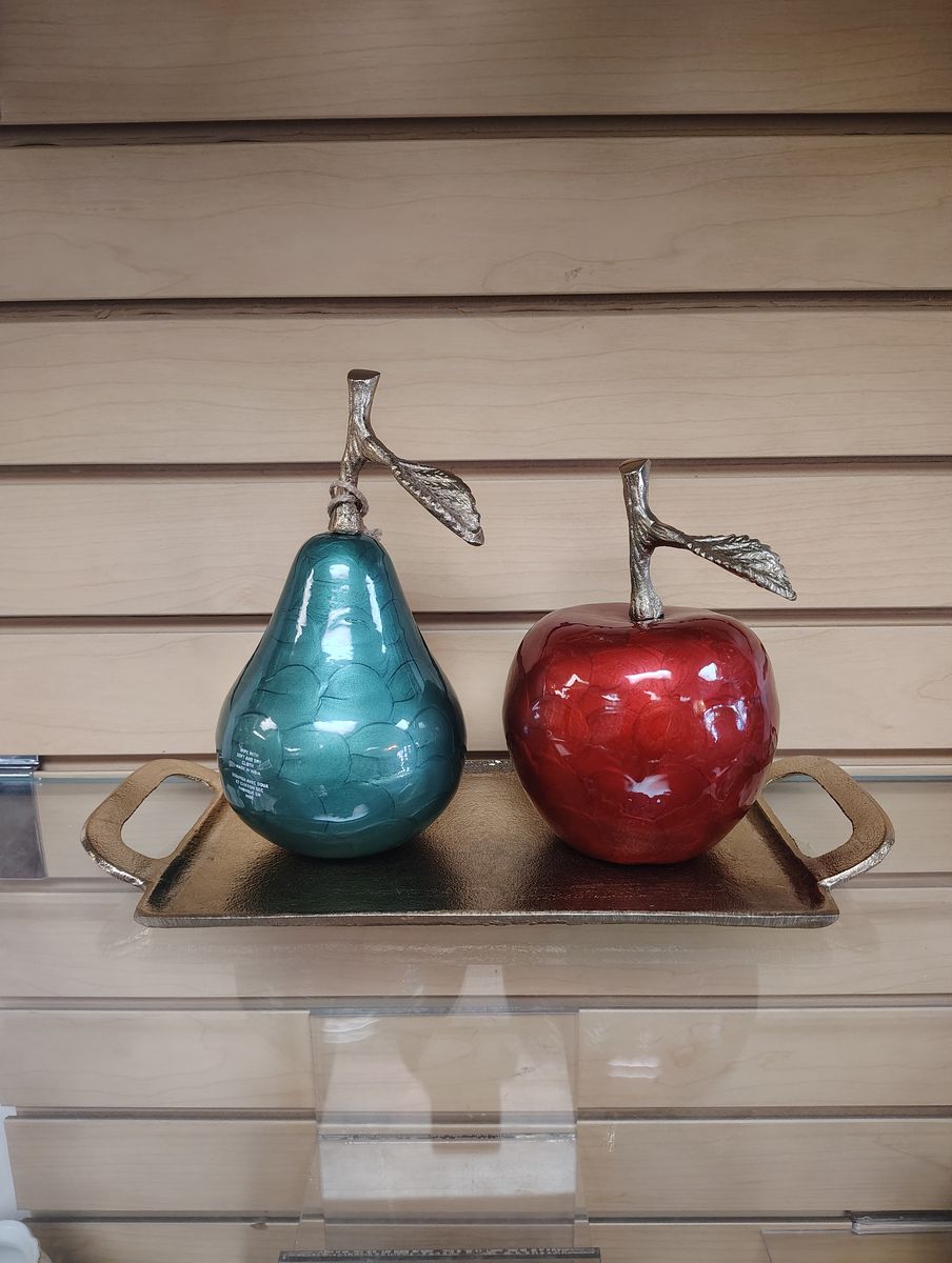 3pc Home Decoration set ( NEW ) 1 Pear & 1 Apple & Tray. Gold & Green, Red.  Metal & Porcelain