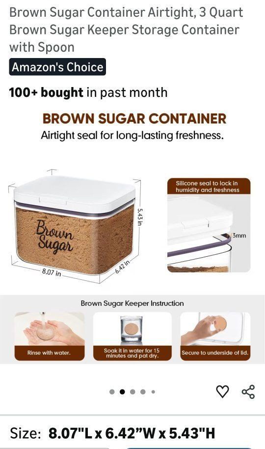 Airtight 3 Qt Brown Sugar Storage Container with Keeper and Spoon, Silicone Seal for Freshness