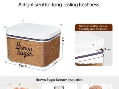 Airtight 3 Qt Brown Sugar Storage Container with Keeper and Spoon, Silicone Seal for Freshness