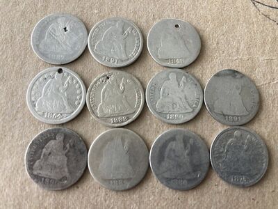 11 Seated Liberty dimes 1848-1891
