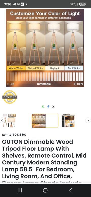 NEW Outon Tripod Floor Lamp with Shelf & Remote Control – Dimmable LED Wood Standing Lamp
​