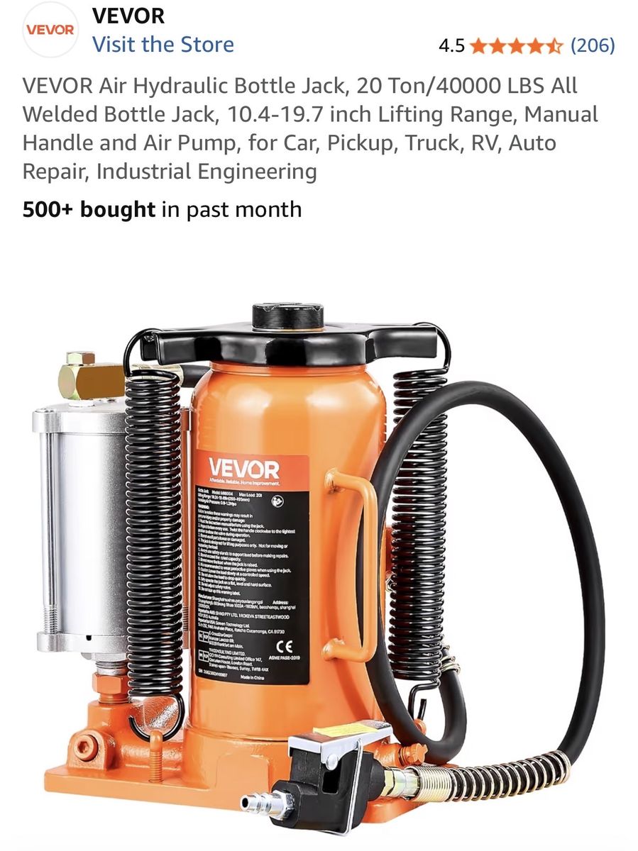 VEVOR Air Hydraulic Bottle Jack, 20 Ton/40000 LBS Lifting Range 10.4-19.7 inch, Manual/Pneumatic Operation