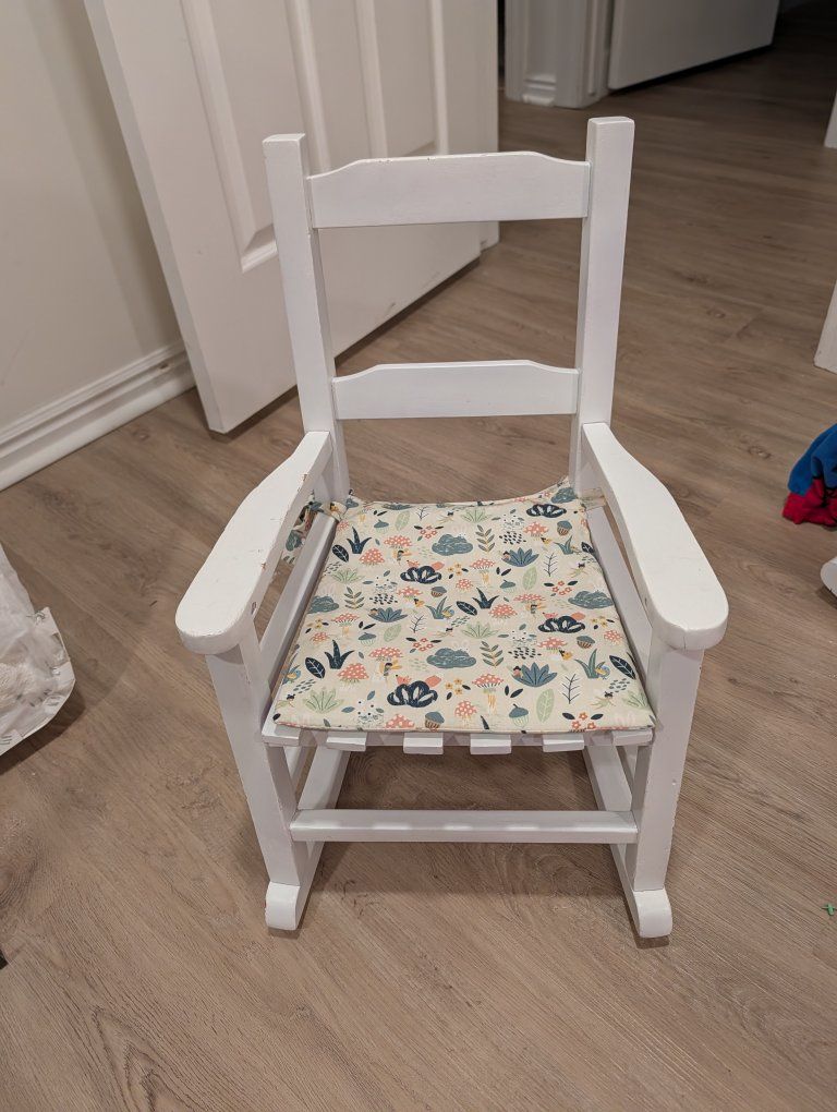 White Children's Wooden Rocking Chair with Floral Cushion