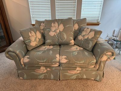 Floral Print Fabric Loveseat Sofa - Light blue/Pink with Rolled Arms & Skirted Base