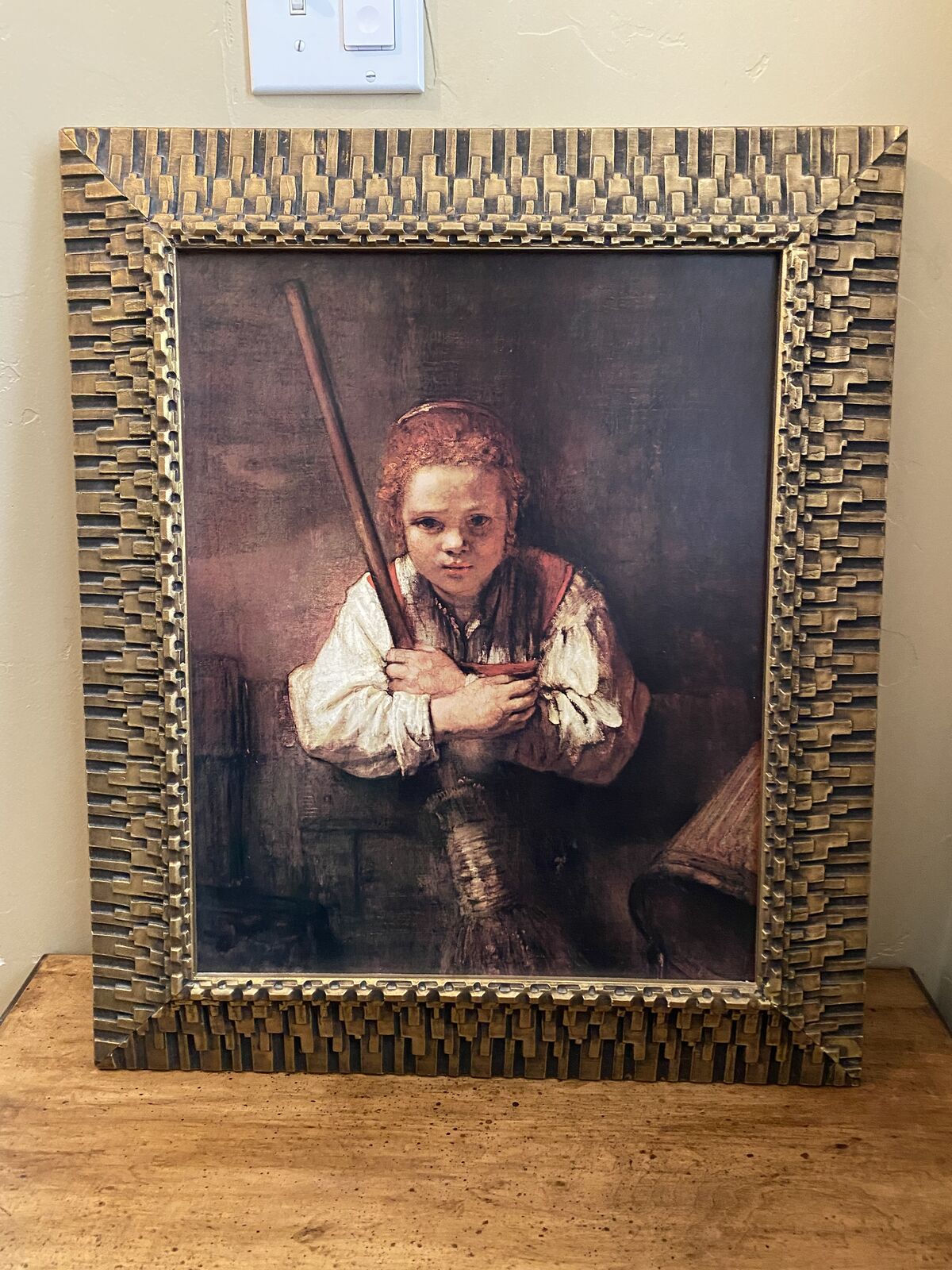 Large Vintage Rembrandt -Girl With Broom- Vintage Reproduction Framed Print - C All Photos
