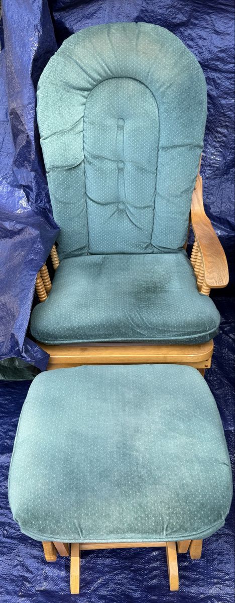 Wooden Glider Rocking Chair with Ottoman - Blue Cushions, Nursery/Living Room