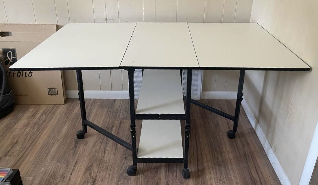 Adjustable Height Craft & Sewing Table w/ Folding Wings, Shelves, & Casters - 59"x36"