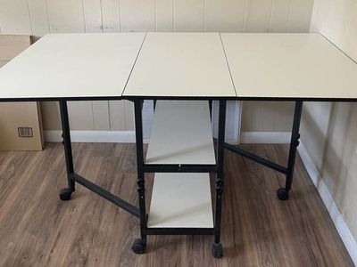 Adjustable Height Craft & Sewing Table w/ Folding Wings, Shelves, & Casters - 59"x36"