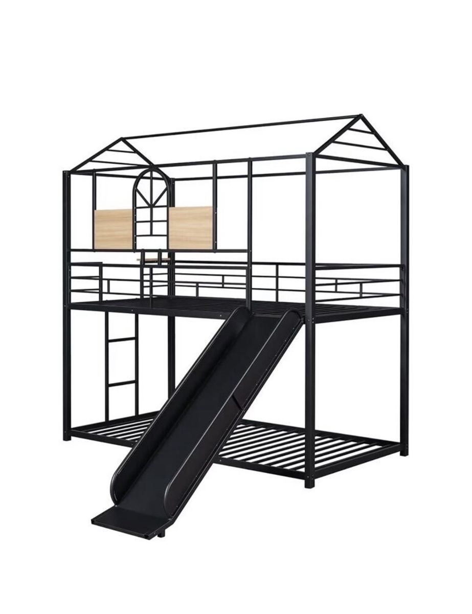 Full Over Full House Bunk Bed with Slide - Black Metal Frame, Playhouse Design