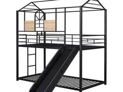 Full Over Full House Bunk Bed with Slide - Black Metal Frame, Playhouse Design