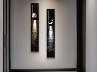 New Framed Long Narrow Vertical Moon Wall Art Set of 2, Modern Black White Gold Bright Art Prints
