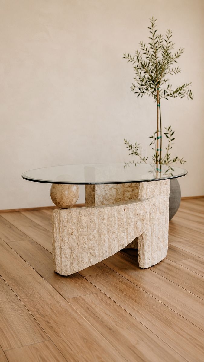 Vintage Post Modern Tessellated Stone Coffee Table Round Accent Table - NO GLASS
