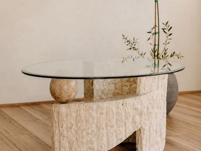 Vintage Post Modern Tessellated Stone Coffee Table Round Accent Table - NO GLASS
