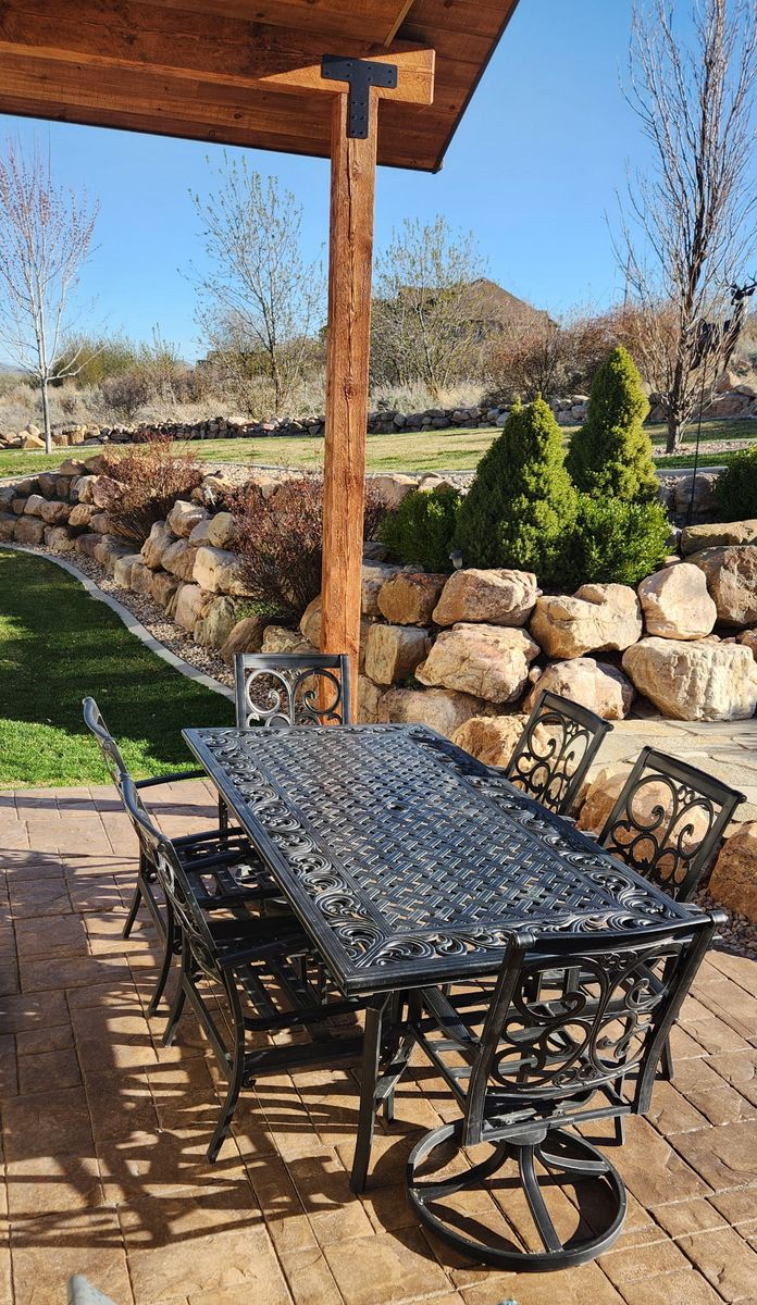 Beautiful 9 Piece Black Ornate Metal Patio Set