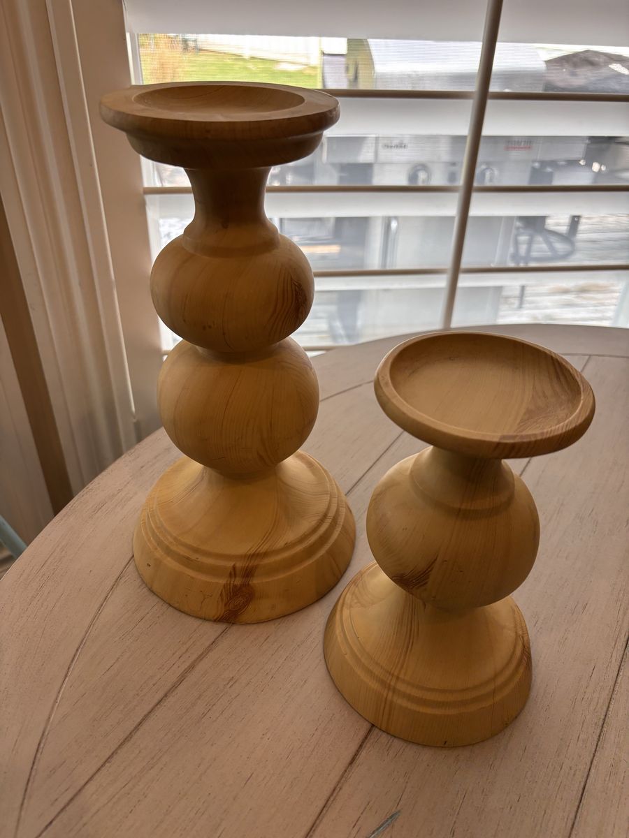 Darling pair of natural wood chunky candlesticks.