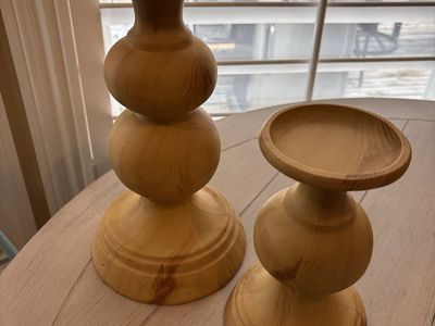 Darling pair of natural wood chunky candlesticks.