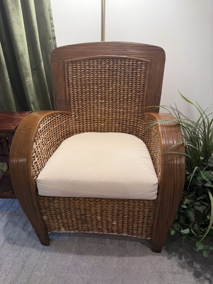 Woven Wicker Armchair with Beige Cushion